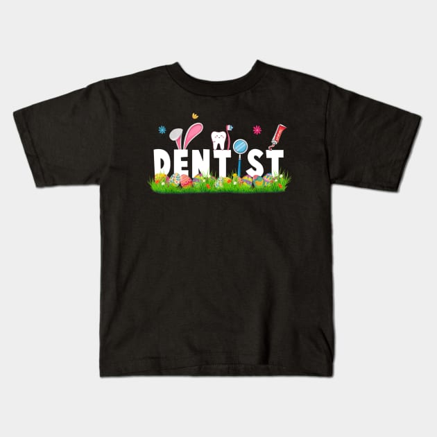 Cute Bunny Colorful Eggs Dentist Easter Kids T-Shirt by Lorelaimorris